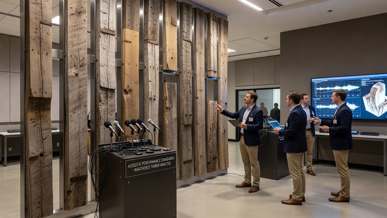 Detailed view of aged timber grain and surface texture used in venue acoustic treatments